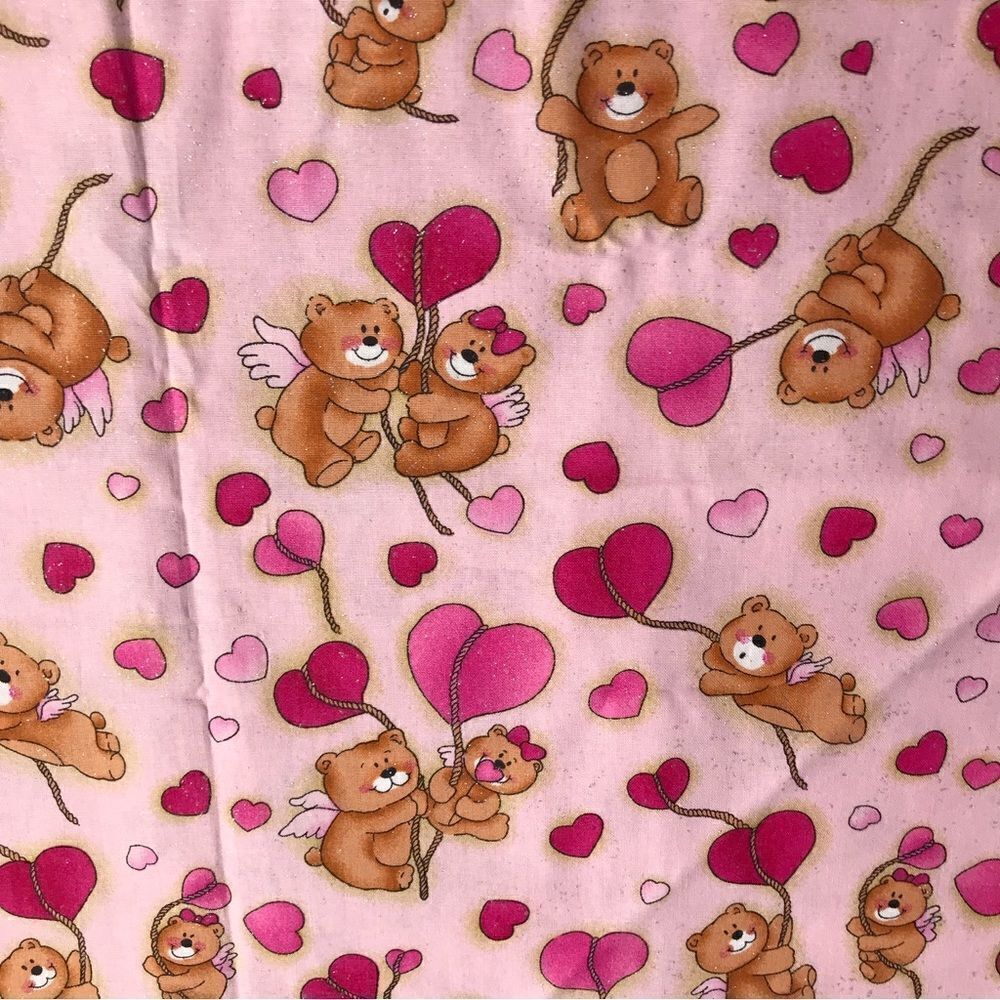 JoAnn’s Teddy Bear Cupids Heart Balloons Glitter Pink Light Flannel Fabric